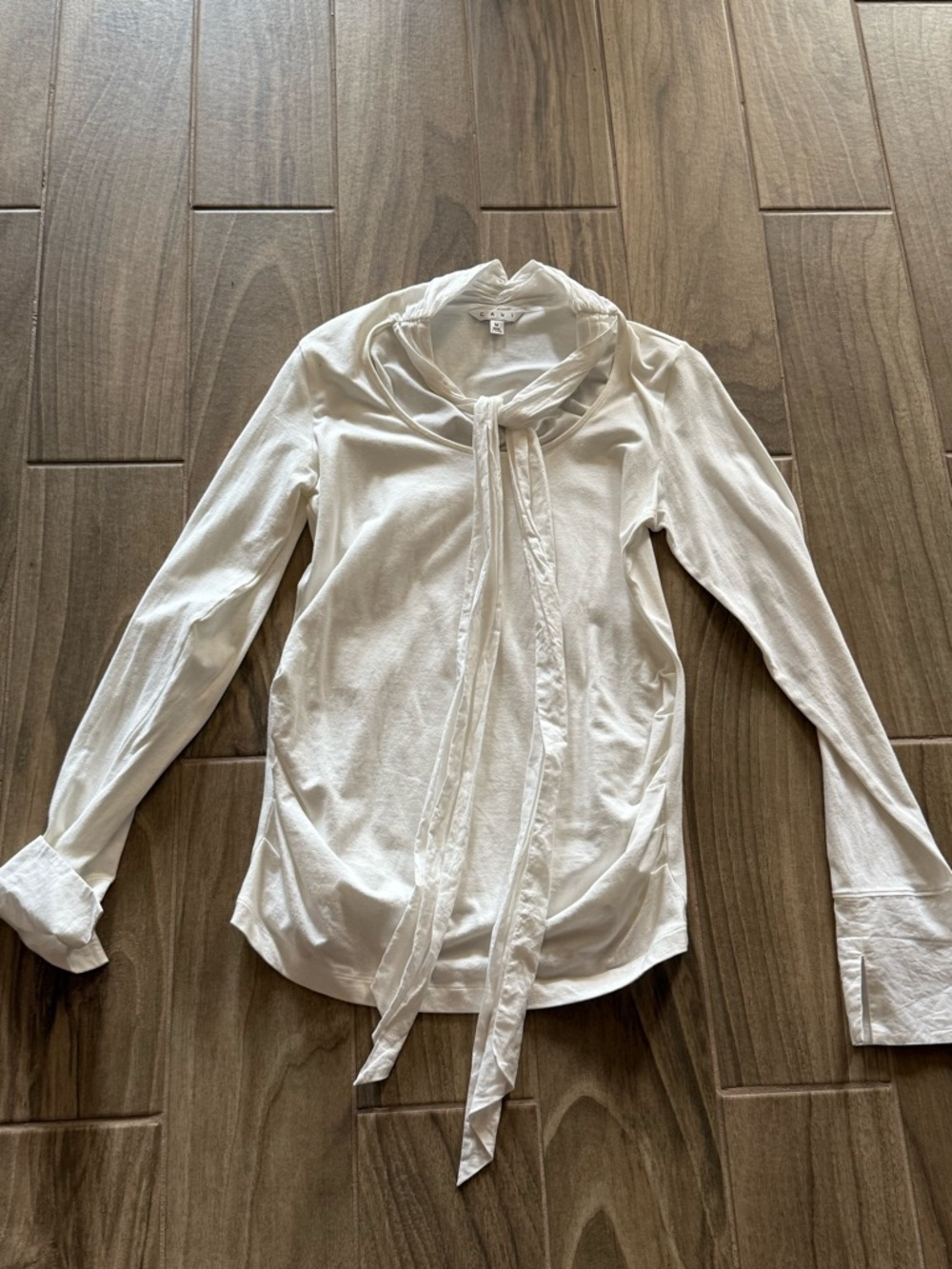 CAbi White Tie-Neck Long Sleeve Top